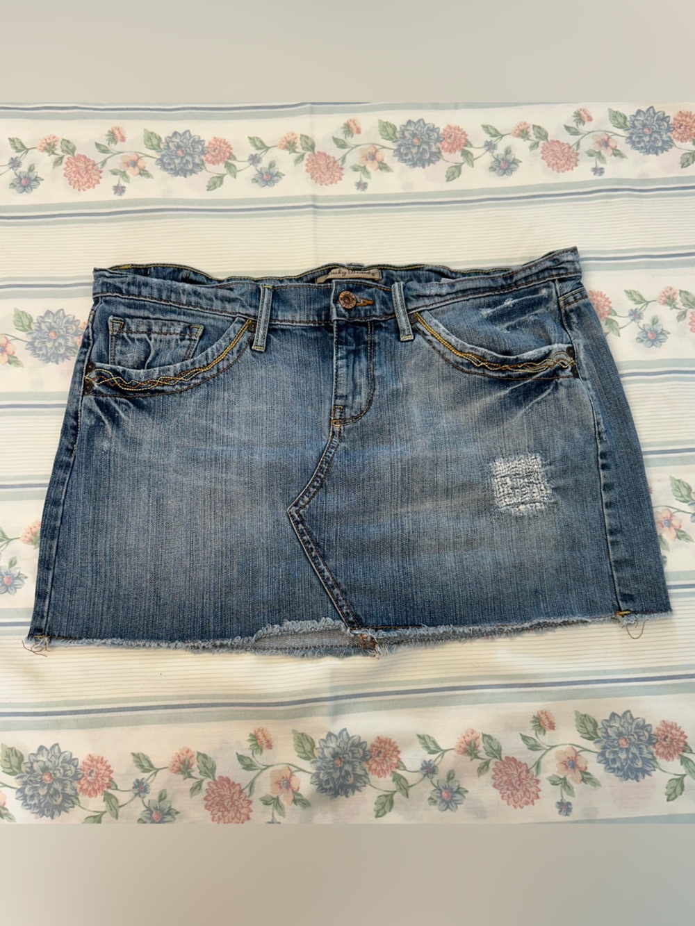 Vintage Y2K Distressed Denim Mini Skirt w “Lucky You” Embroidery by Lucky Brand